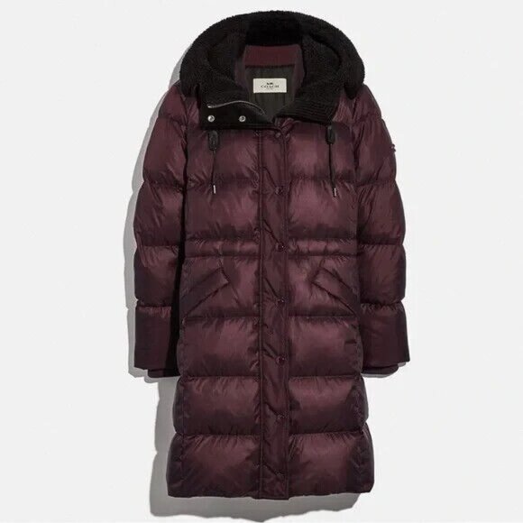 Coach Long Down Puffer Coat Snap Zip Up Faux Shearling Hooded F34128 Bordeaux XS